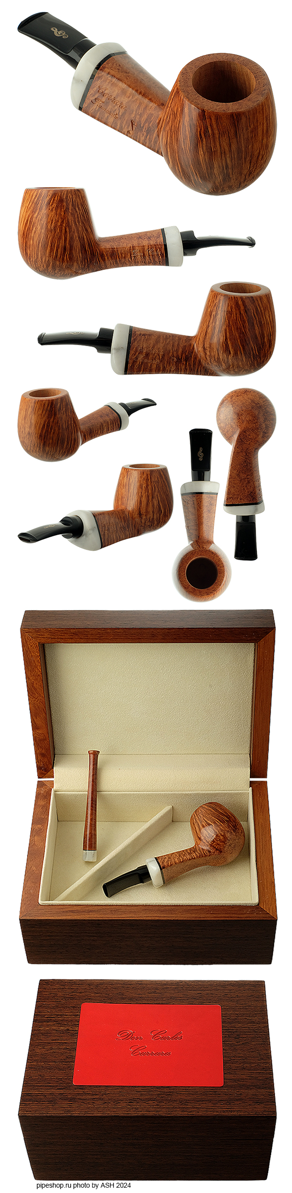   DON CARLOS "CARRARA" FIAMMATA 1 NOTE SMOOTH BENT BILLIARD WITH BOX AND TAMPER