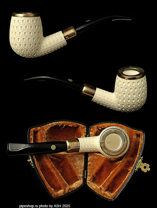   ALTINAY MEERSCHAUM SPIGOT & TOP SILVER RING CARVED BENT BILLIARD